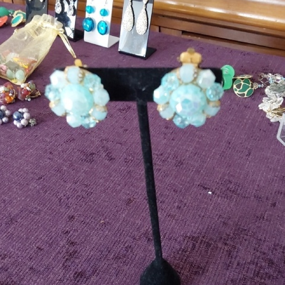 Blue and Gold Cluster Earrings with Vintage Charm